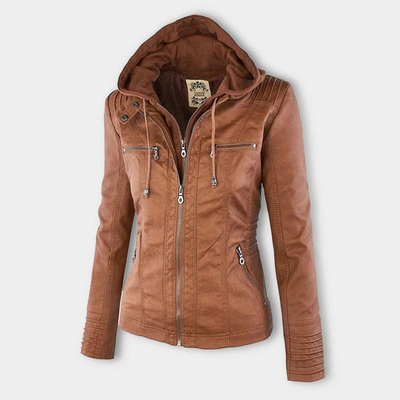 Women&#39;s Hooded PU Leather Jacket With Zipper