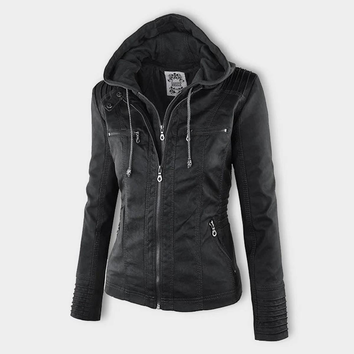 Women&#39;s Hooded PU Leather Jacket With Zipper