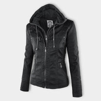 Women&#39;s Hooded PU Leather Jacket With Zipper
