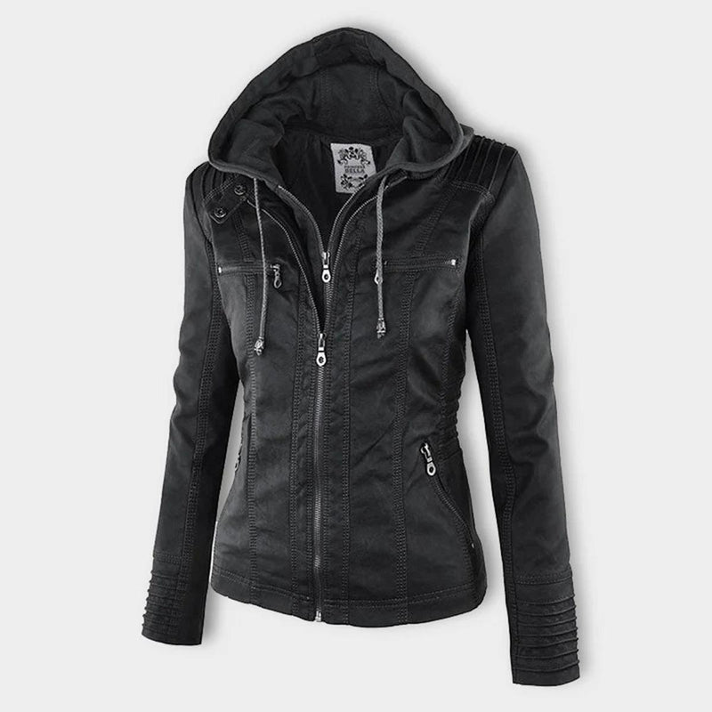 Women&#39;s Hooded PU Leather Jacket With Zipper