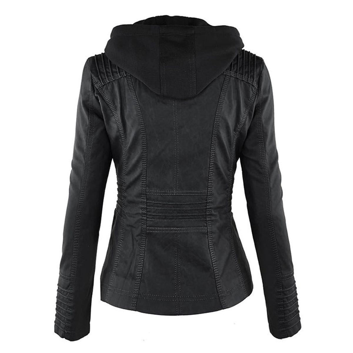 Women&#39;s Hooded PU Leather Jacket With Zipper