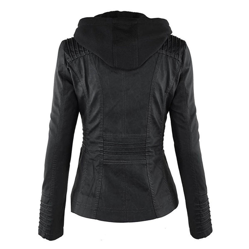 Women&#39;s Hooded PU Leather Jacket With Zipper