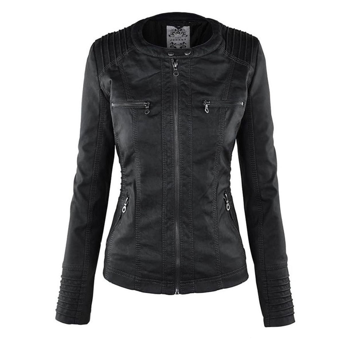 Women&#39;s Hooded PU Leather Jacket With Zipper
