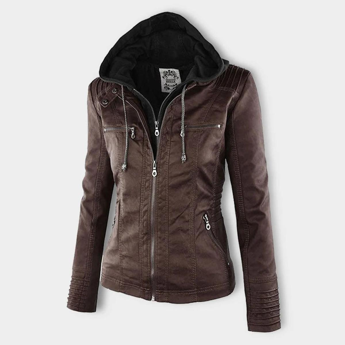 Women&#39;s Hooded PU Leather Jacket With Zipper