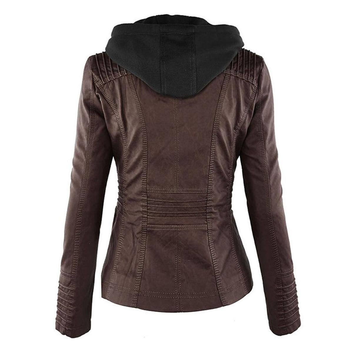 Women&#39;s Hooded PU Leather Jacket With Zipper