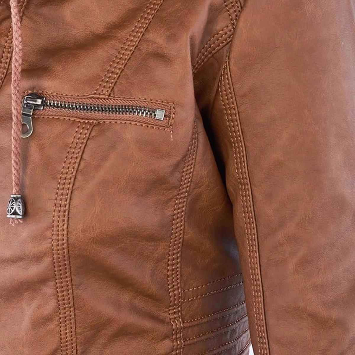 Women&#39;s Hooded PU Leather Jacket With Zipper