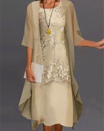 Women&#39;s Lace Overlay Two-Piece Knee-Length Dress