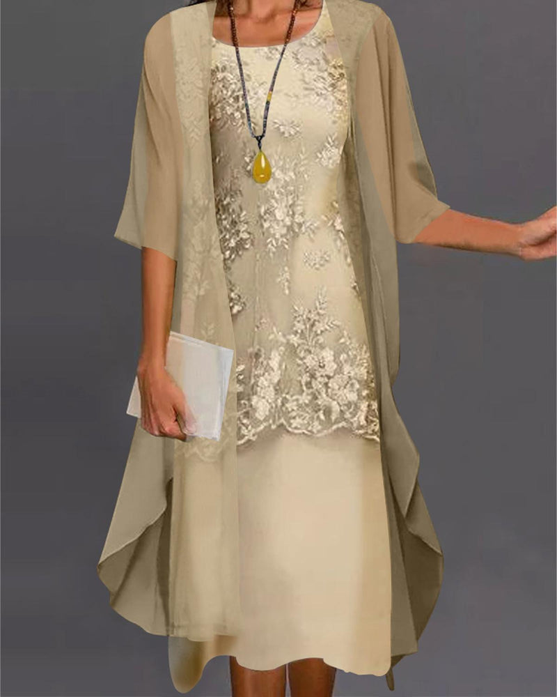 Women&#39;s Lace Overlay Two-Piece Knee-Length Dress