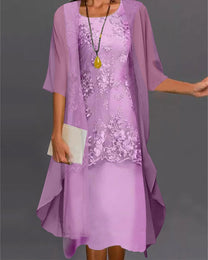 Women&#39;s Lace Overlay Two-Piece Knee-Length Dress