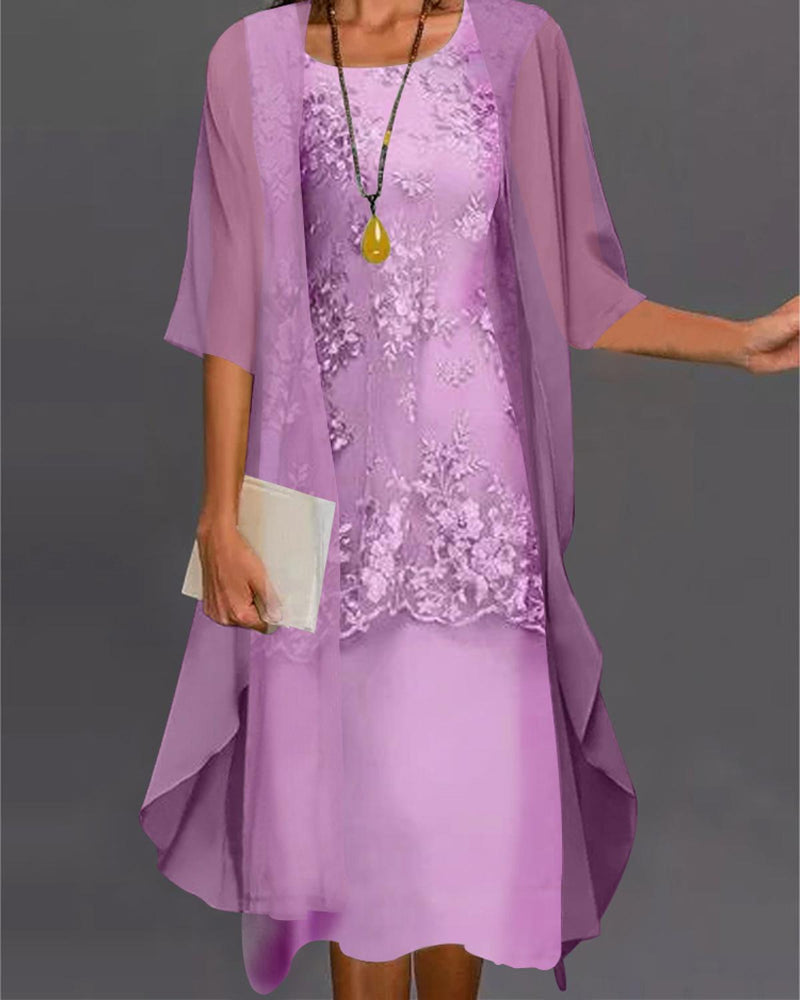 Women&#39;s Lace Overlay Two-Piece Knee-Length Dress