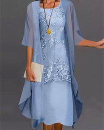 Women&#39;s Lace Overlay Two-Piece Knee-Length Dress