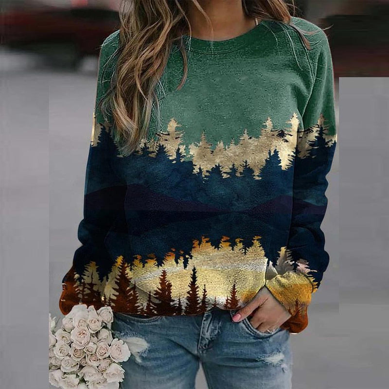 Women&#39;s Landscape Print Pullover - Casual Comfort Sweater