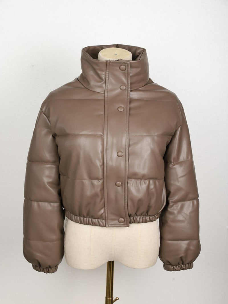Women&#39;s Leather Puffer Jacket With Pockets