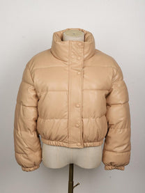 Women&#39;s Leather Puffer Jacket With Pockets