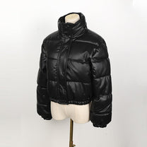 Women&#39;s Leather Puffer Jacket With Pockets