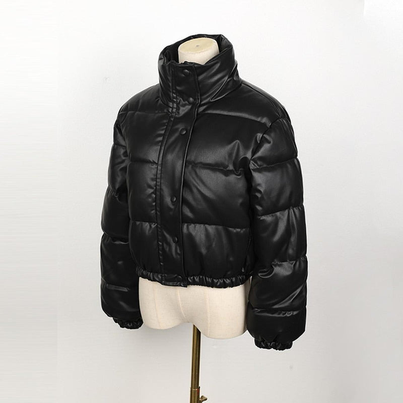 Women&#39;s Leather Puffer Jacket With Pockets