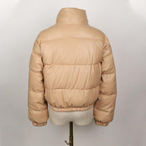 Women&#39;s Leather Puffer Jacket With Pockets