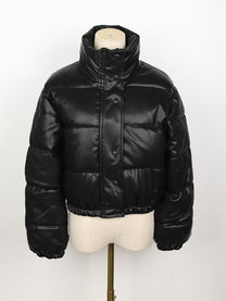 Women&#39;s Leather Puffer Jacket With Pockets