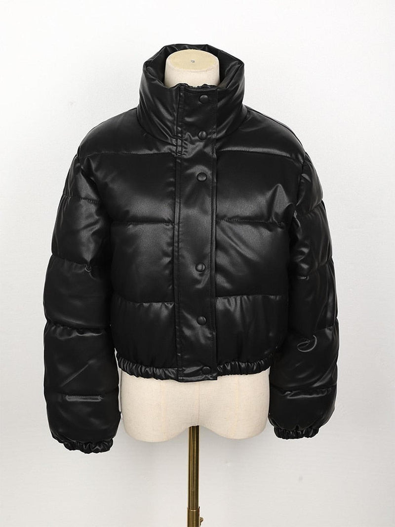 Women&#39;s Leather Puffer Jacket With Pockets