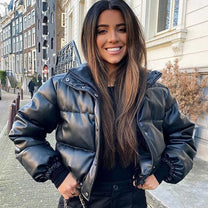 Women&#39;s Leather Puffer Jacket With Pockets