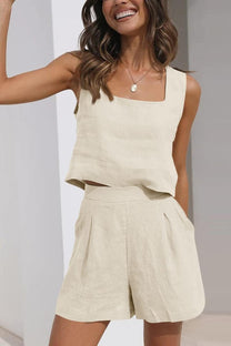 Women&#39;s Linen Blend Crop Top And Shorts Set