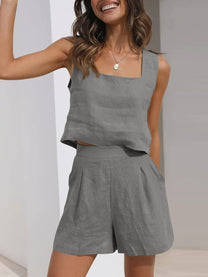 Women&#39;s Linen Blend Crop Top And Shorts Set