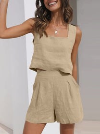 Women&#39;s Linen Blend Crop Top And Shorts Set