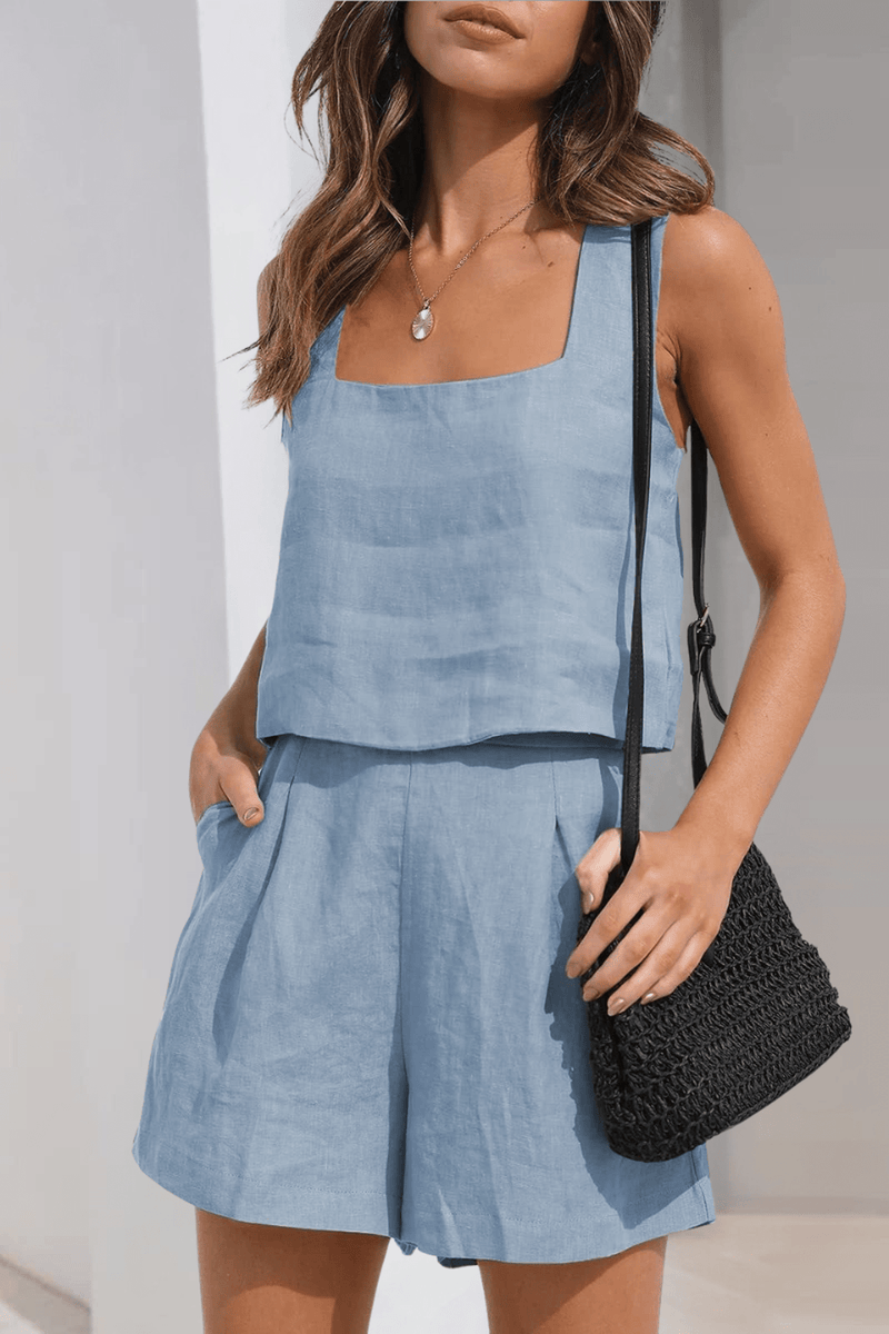 Women&#39;s Linen Blend Crop Top And Shorts Set