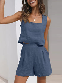 Women&#39;s Linen Blend Crop Top And Shorts Set