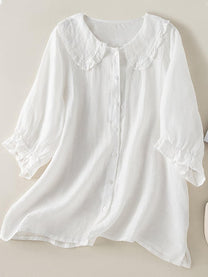 Women&#39;s Linen Cotton Ruffled Collar Loose Fit Shirt