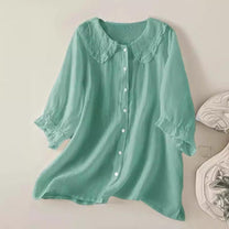 Women&#39;s Linen Cotton Ruffled Collar Loose Fit Shirt