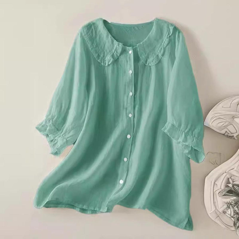 Women&#39;s Linen Cotton Ruffled Collar Loose Fit Shirt