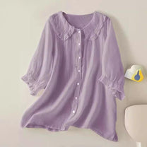 Women&#39;s Linen Cotton Ruffled Collar Loose Fit Shirt