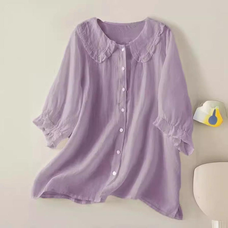 Women&#39;s Linen Cotton Ruffled Collar Loose Fit Shirt