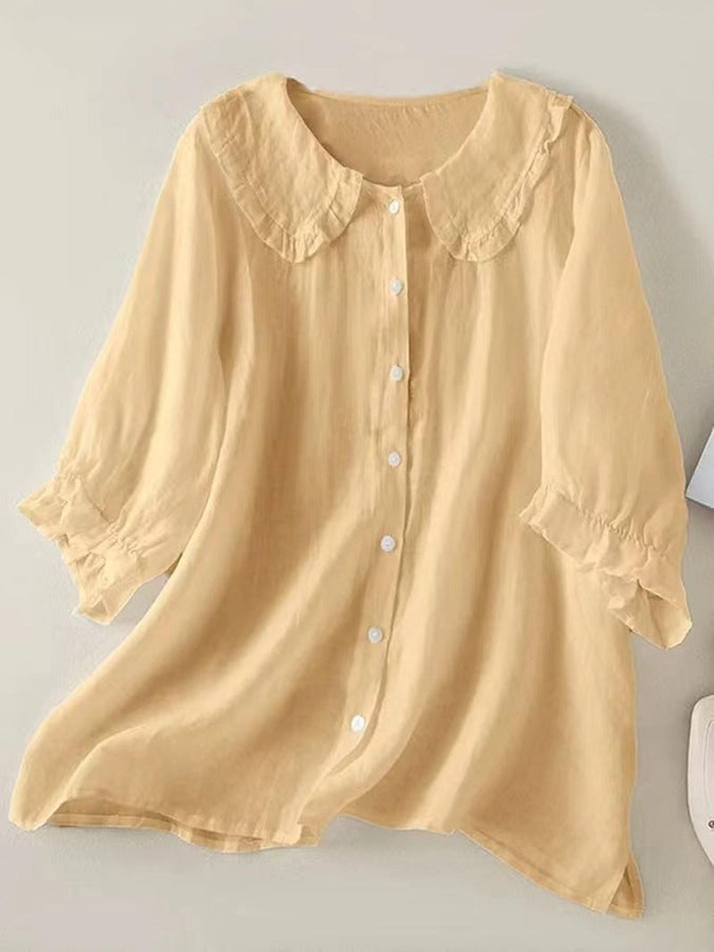 Women&#39;s Linen Cotton Ruffled Collar Loose Fit Shirt