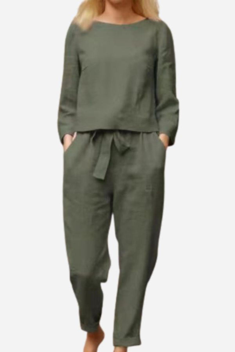 Women&#39;s Linen Long Sleeve Shirt and Pants Set
