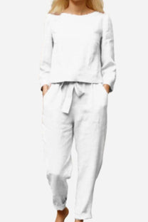 Women&#39;s Linen Long Sleeve Shirt and Pants Set