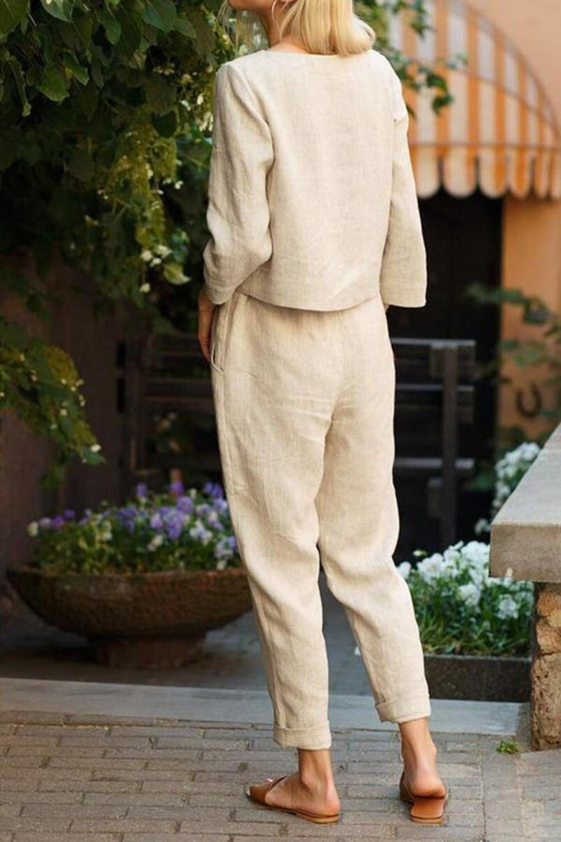 Women&#39;s Linen Long Sleeve Shirt and Pants Set