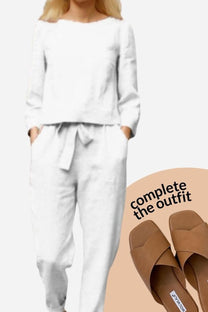 Women&#39;s Linen Long Sleeve Shirt and Pants Set