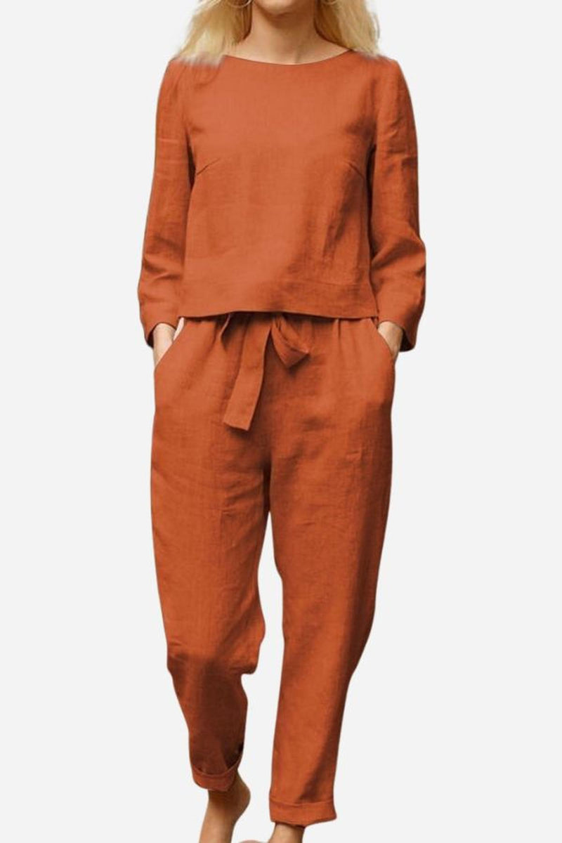 Women&#39;s Linen Long Sleeve Shirt and Pants Set