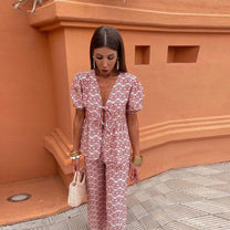 Women&#39;s Linen Puff Sleeve Two-Piece Set