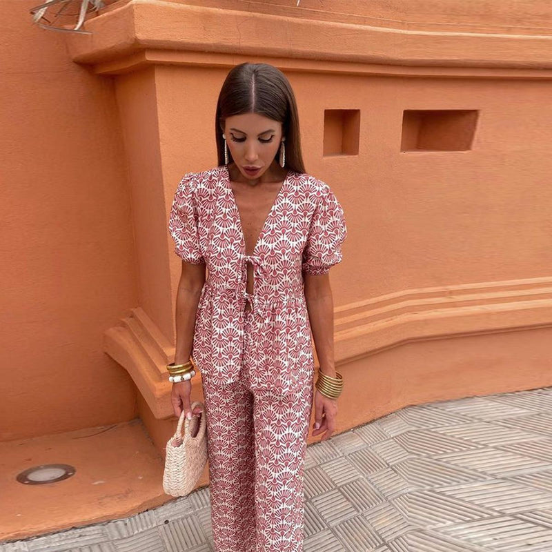 Women&#39;s Linen Puff Sleeve Two-Piece Set