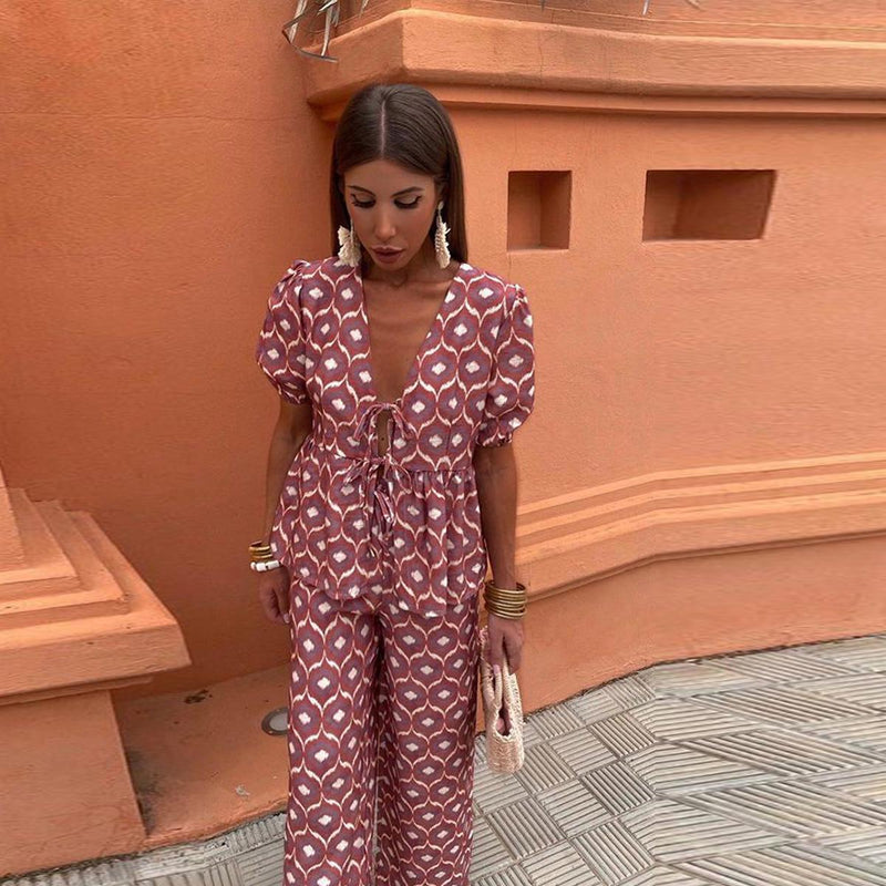 Women&#39;s Linen Puff Sleeve Two-Piece Set