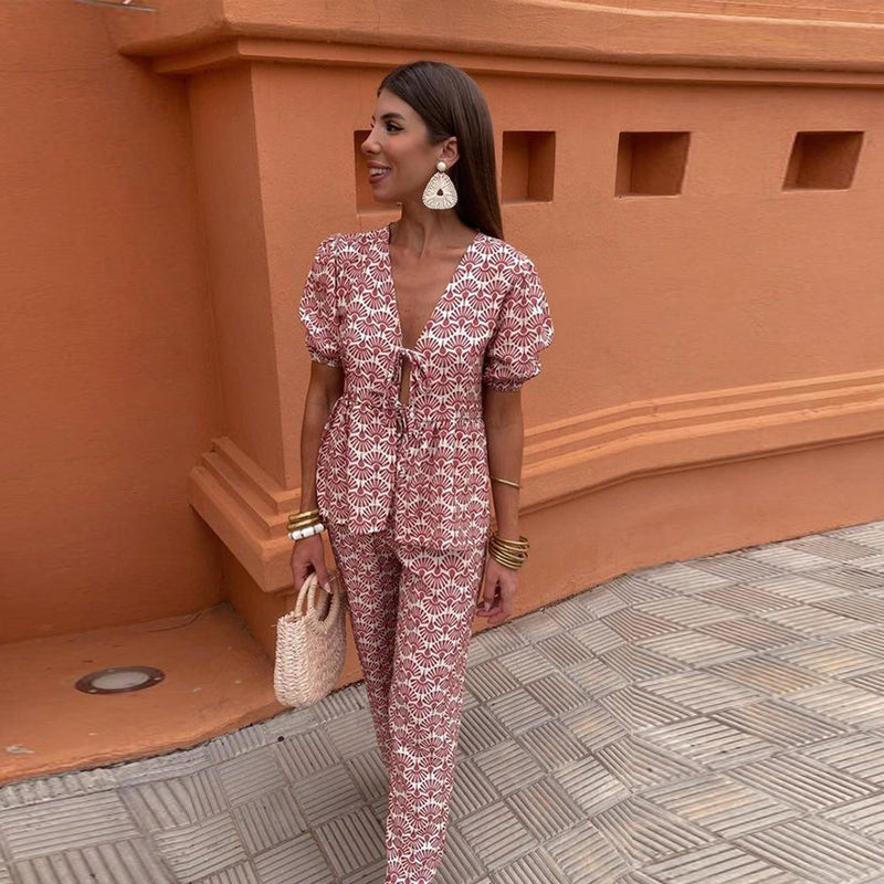 Women&#39;s Linen Puff Sleeve Two-Piece Set