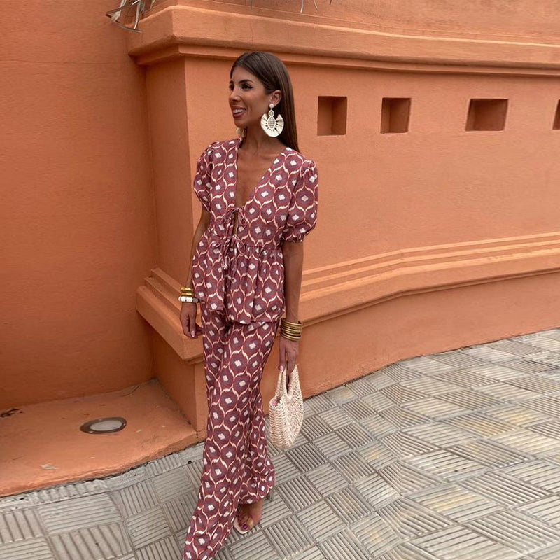 Women&#39;s Linen Puff Sleeve Two-Piece Set