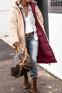 Women&#39;s Long Reversible Winter Coat With Hood And Teddy Lining