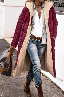 Women&#39;s Long Reversible Winter Coat With Hood And Teddy Lining