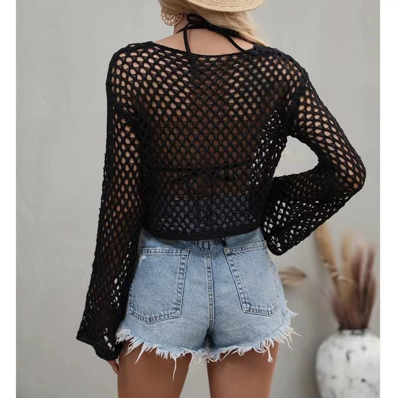 Women&#39;s Long Sleeve Mesh Top With Elegant Neckline