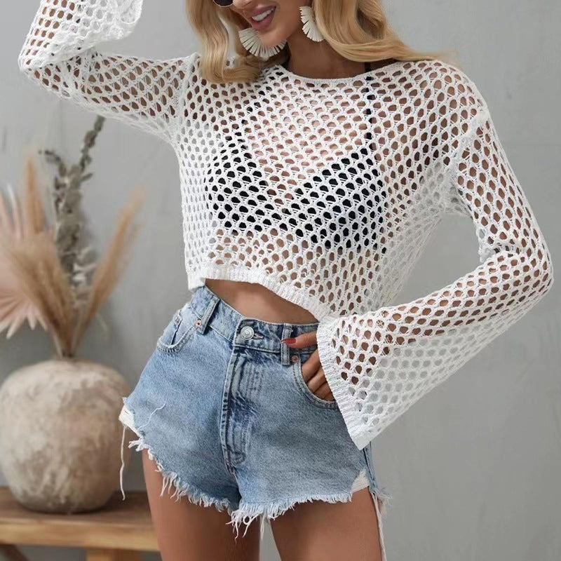 Women&#39;s Long Sleeve Mesh Top With Elegant Neckline