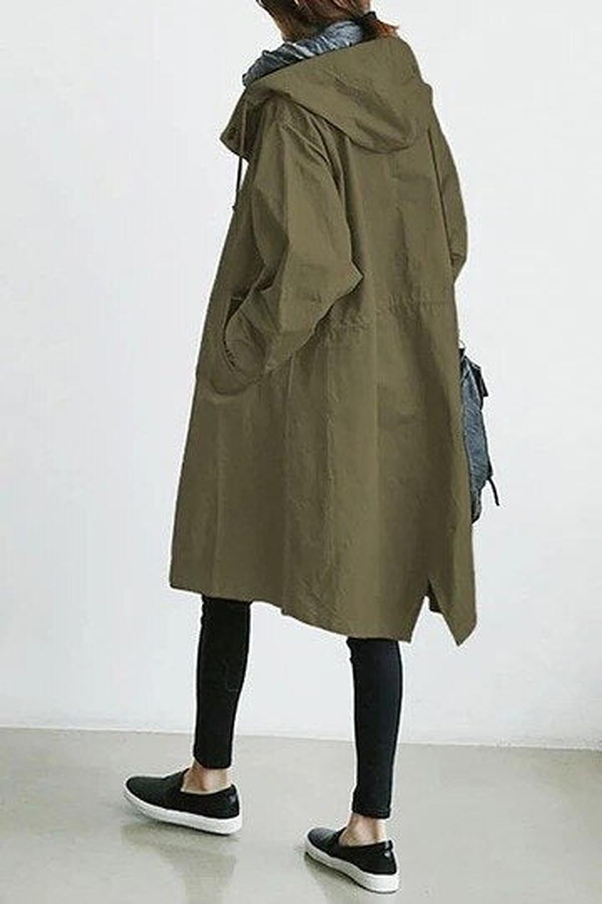 Women&#39;s Long Trench Coat With Hood For Transitional Seasons